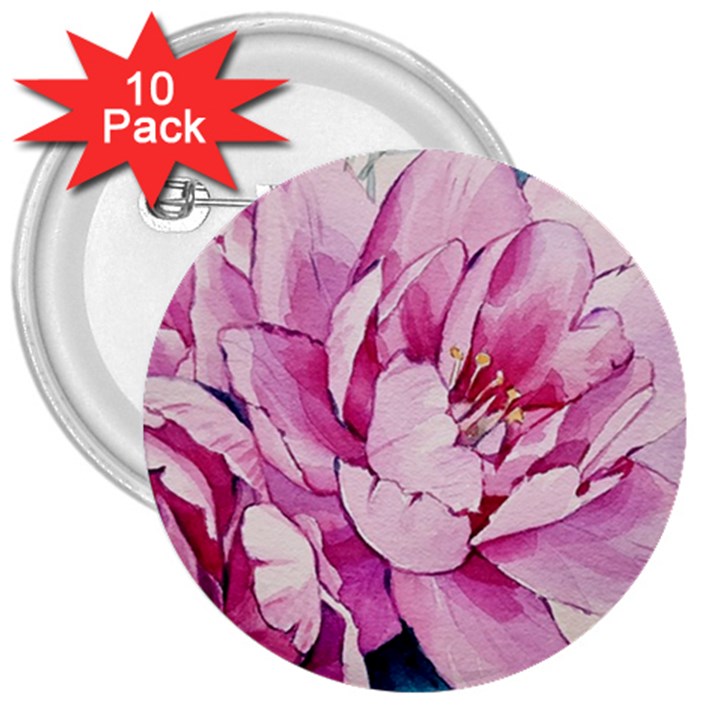 Art Painting Flowers Peonies Pink 3  Buttons (10 pack) 