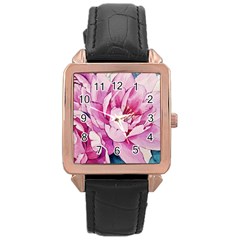 Art Painting Flowers Peonies Pink Rose Gold Leather Watch  by Wegoenart