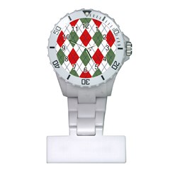 Red Green White Argyle Navy Plastic Nurses Watch by Wegoenart