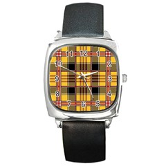 Plaid Tartan Scottish Yellow Red Square Metal Watch by Wegoenart