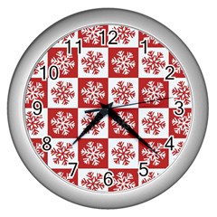 Snowflake Red White Wall Clock (silver) by Wegoenart