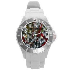 Christmas Cross Stitch Background Round Plastic Sport Watch (l) by Wegoenart