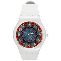 Abstract Art Blue Orange Round Plastic Sport Watch (m) by Wegoenart