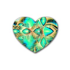 Golden Teal Peacock, Abstract Copper Crystal Drink Coasters (heart) by DianeClancy