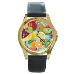 Fruit Picture Drawing Illustration Round Gold Metal Watch by Wegoenart