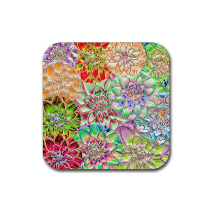 Dahlia Flower Colorful Art Collage Rubber Coaster (Square) 