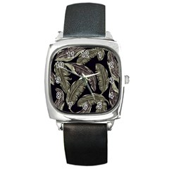 Jungle Leaves Tropical Pattern Square Metal Watch by Wegoenart