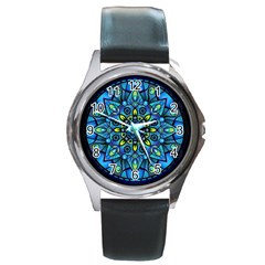 Mandala Blue Abstract Circle Round Metal Watch by Wegoenart