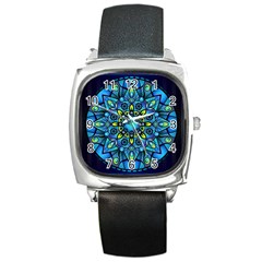 Mandala Blue Abstract Circle Square Metal Watch by Wegoenart