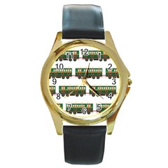 Trains Pattern Transportation Round Gold Metal Watch by Wegoenart