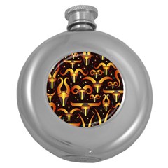 Stylised Horns Black Pattern Round Hip Flask (5 Oz) by Wegoenart