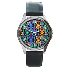 Pattern Background Bright Blue Round Metal Watch by Wegoenart