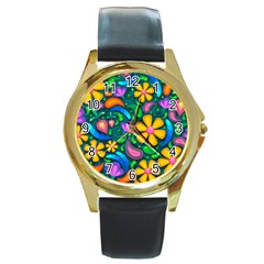 Floral Paisley Background Flowers Round Gold Metal Watch by Wegoenart