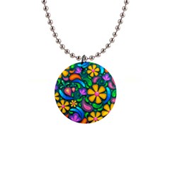 Floral Paisley Background Flowers 1  Button Necklace by Wegoenart