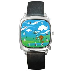 Landscape Nature Mountain Field Square Metal Watch by Wegoenart