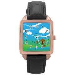 Landscape Nature Mountain Field Rose Gold Leather Watch  by Wegoenart