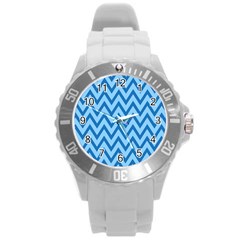 Blue Chevron Background Abstract Pattern Round Plastic Sport Watch (l) by Wegoenart