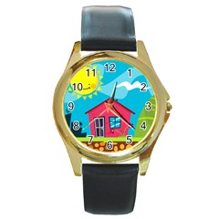 Kawaii Caricature Sun Nature City Round Gold Metal Watch by Wegoenart