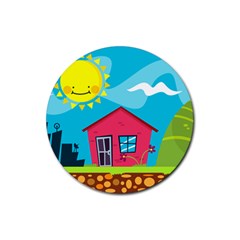 Kawaii Caricature Sun Nature City Rubber Round Coaster (4 Pack)  by Wegoenart