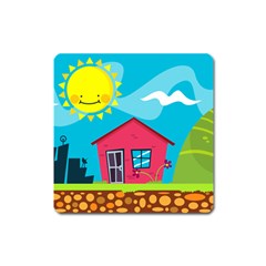 Kawaii Caricature Sun Nature City Square Magnet by Wegoenart