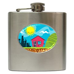 Kawaii Caricature Sun Nature City Hip Flask (6 Oz) by Wegoenart