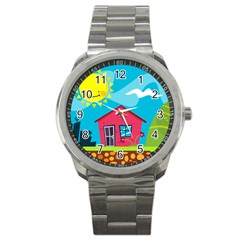 Kawaii Caricature Sun Nature City Sport Metal Watch by Wegoenart