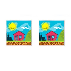 Kawaii Caricature Sun Nature City Cufflinks (square) by Wegoenart