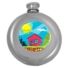 Kawaii Caricature Sun Nature City Round Hip Flask (5 Oz) by Wegoenart