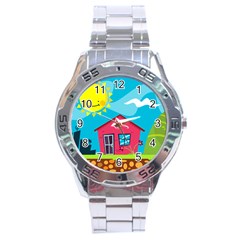 Kawaii Caricature Sun Nature City Stainless Steel Analogue Watch by Wegoenart