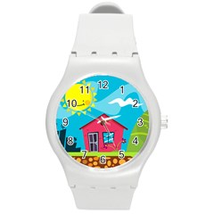 Kawaii Caricature Sun Nature City Round Plastic Sport Watch (m) by Wegoenart