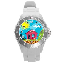 Kawaii Caricature Sun Nature City Round Plastic Sport Watch (l) by Wegoenart