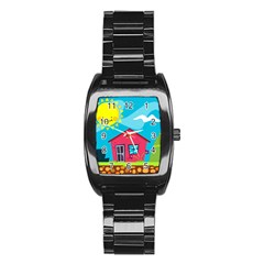 Kawaii Caricature Sun Nature City Stainless Steel Barrel Watch by Wegoenart