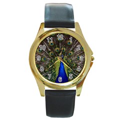 Peacock Bird Plumage Display Full Round Gold Metal Watch by Wegoenart