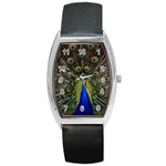 Peacock Bird Plumage Display Full Barrel Style Metal Watch Front