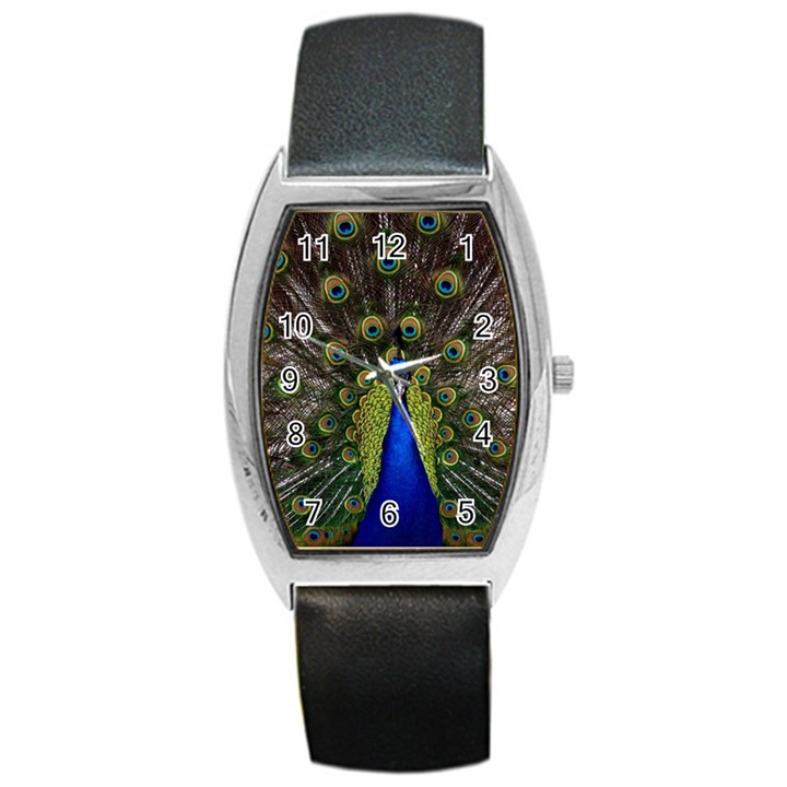 Peacock Bird Plumage Display Full Barrel Style Metal Watch