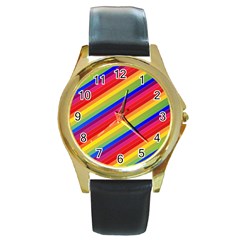 Rainbow Background Colorful Round Gold Metal Watch by Wegoenart