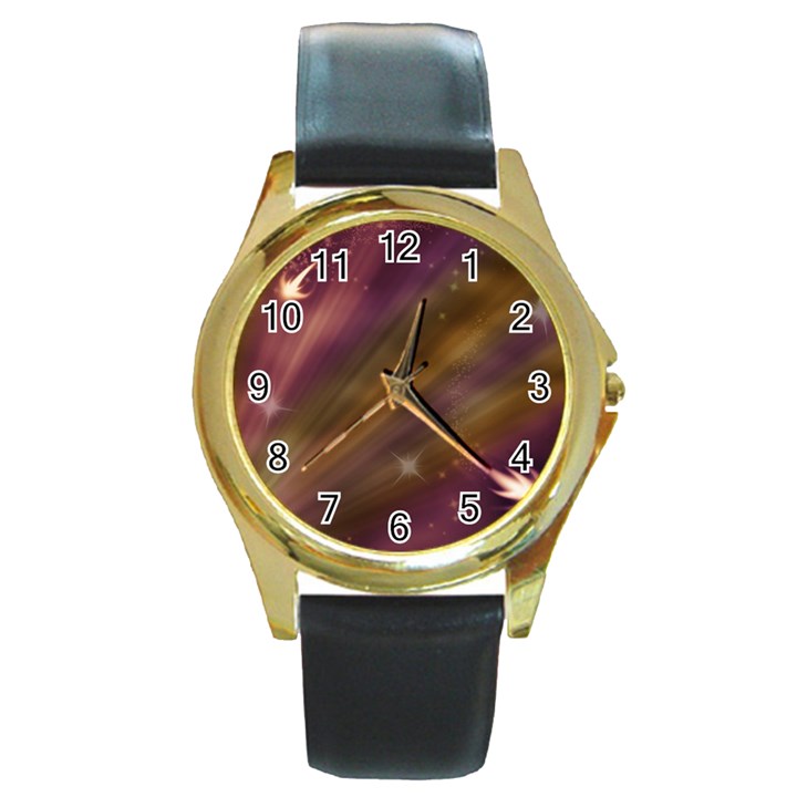 Space Orbs Stars Abstract Sky Round Gold Metal Watch