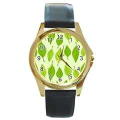 Autumn Background Boxes Green Leaf Round Gold Metal Watch by Wegoenart