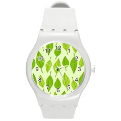 Autumn Background Boxes Green Leaf Round Plastic Sport Watch (m) by Wegoenart