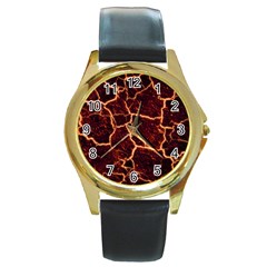 Lava Cracked Background Fire Round Gold Metal Watch by Wegoenart