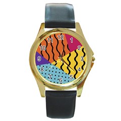 Background Abstract Memphis Round Gold Metal Watch by Wegoenart