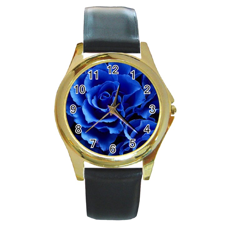 Blue Roses Flowers Plant Romance Round Gold Metal Watch