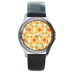 Background Floral Forms Flower Round Metal Watch by Wegoenart