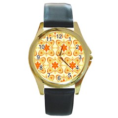 Background Floral Forms Flower Round Gold Metal Watch by Wegoenart