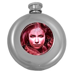 Portrait Woman Red Face Pretty Round Hip Flask (5 Oz) by Wegoenart