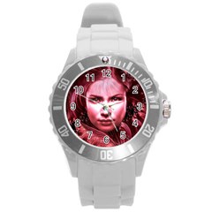 Portrait Woman Red Face Pretty Round Plastic Sport Watch (l) by Wegoenart