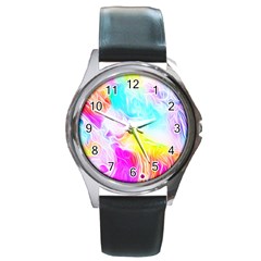 Background Drips Fluid Colorful Pattern Round Metal Watch by Wegoenart