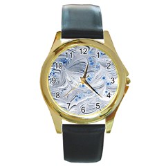 Marbled Paper Mottle Color Movement Blue White Round Gold Metal Watch by Wegoenart