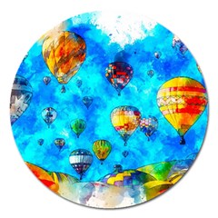 Hot Air Balloon Sky Art Watercolor Magnet 5  (Round)