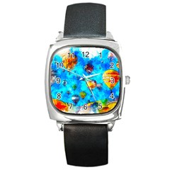 Hot Air Balloon Sky Art Watercolor Square Metal Watch